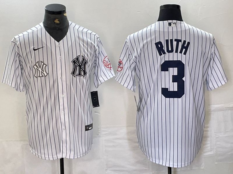 Men New York Yankees 3 Ruth White Stripe Second generation joint name Nike 2024 MLB Jersey style 2